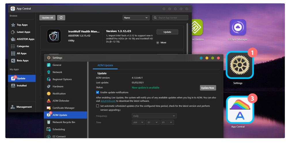 Asustor NAS 華芸 ADM 및 애플리케이션을 상시 최신 상태로 편하게 유지 관리 