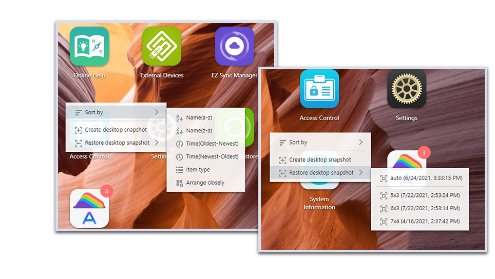 Asustor NAS 華芸 Desktop Icon Sorting, Snapshots and Restoration