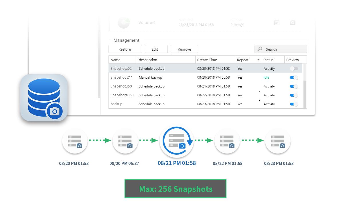 Asustor NAS 華芸 O Snapshot Center facilita o gerenciamento de instantâneos!