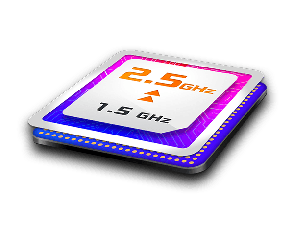 1,5 Ghz Quad Core CPU versterkt tot 2,5 Ghz 
  